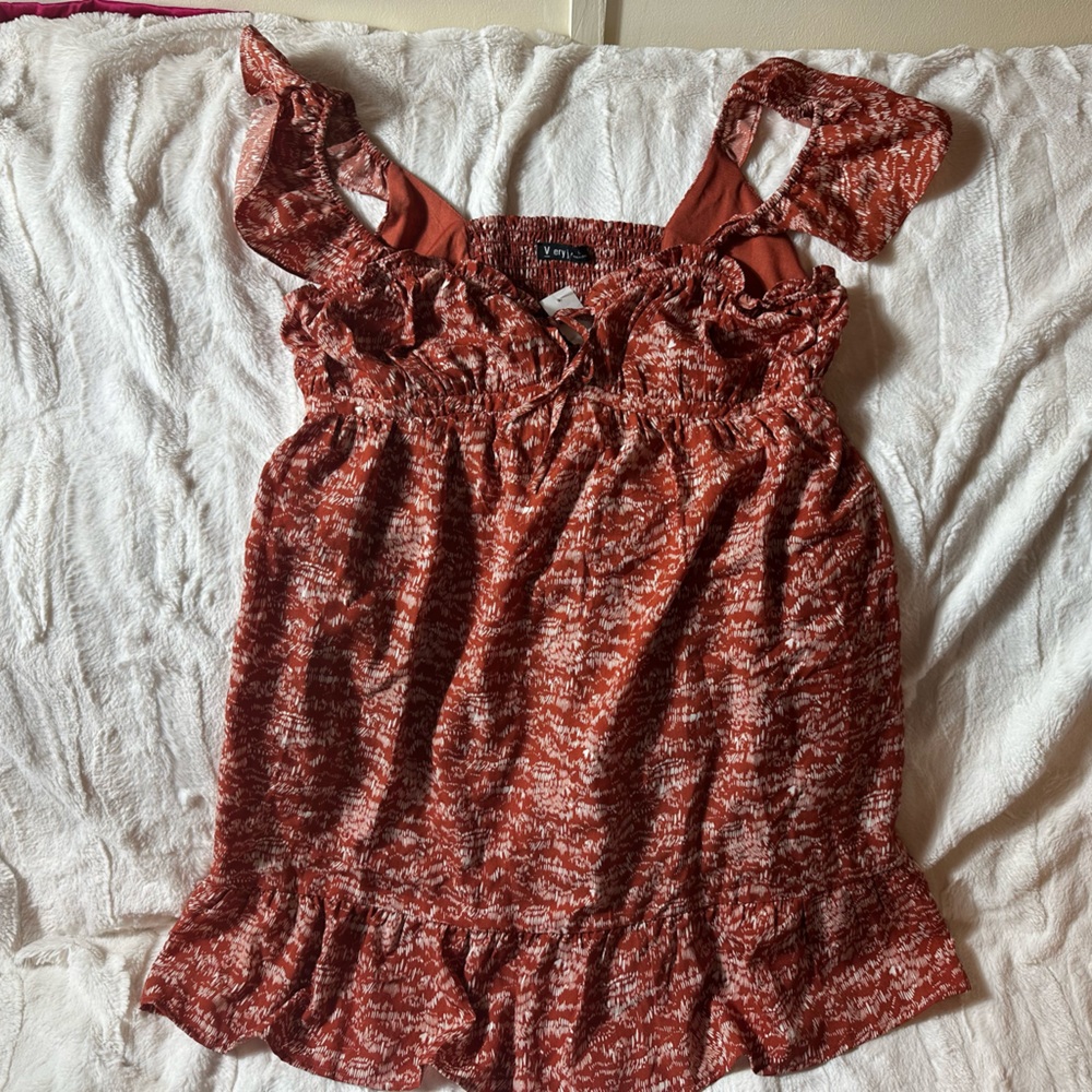 Very J Women's Brown White Abstract Sleeveless Ruffle babydoll dress Size L